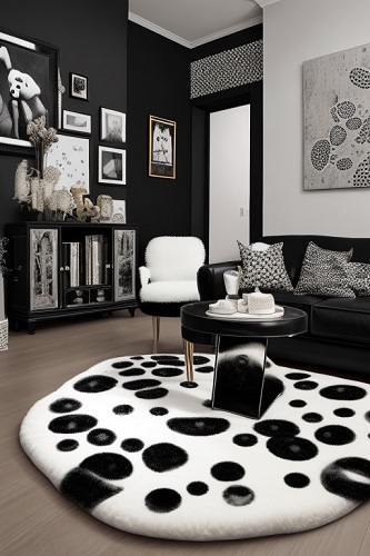 Plush sheepskin rug with a black and white spotted pattern for playful texture